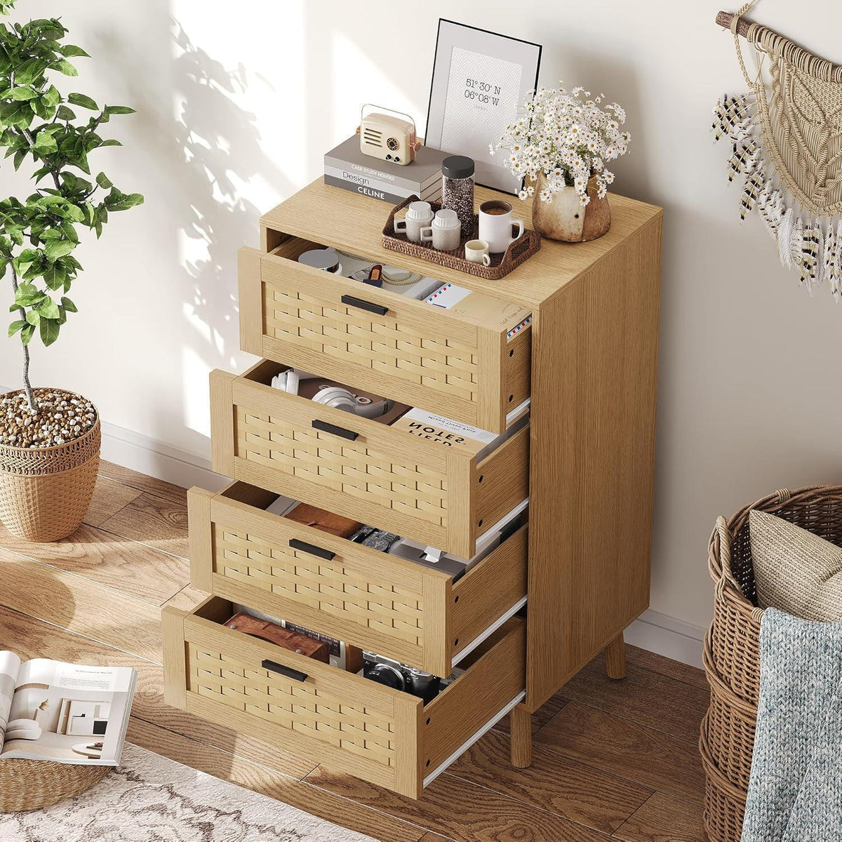 Kommode 4 Schubladen Holz – Flechtoptik, 55x40x95cm