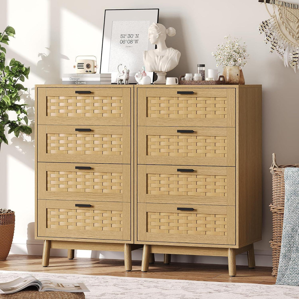 Kommode 4 Schubladen Holz – Flechtoptik, 55x40x95cm