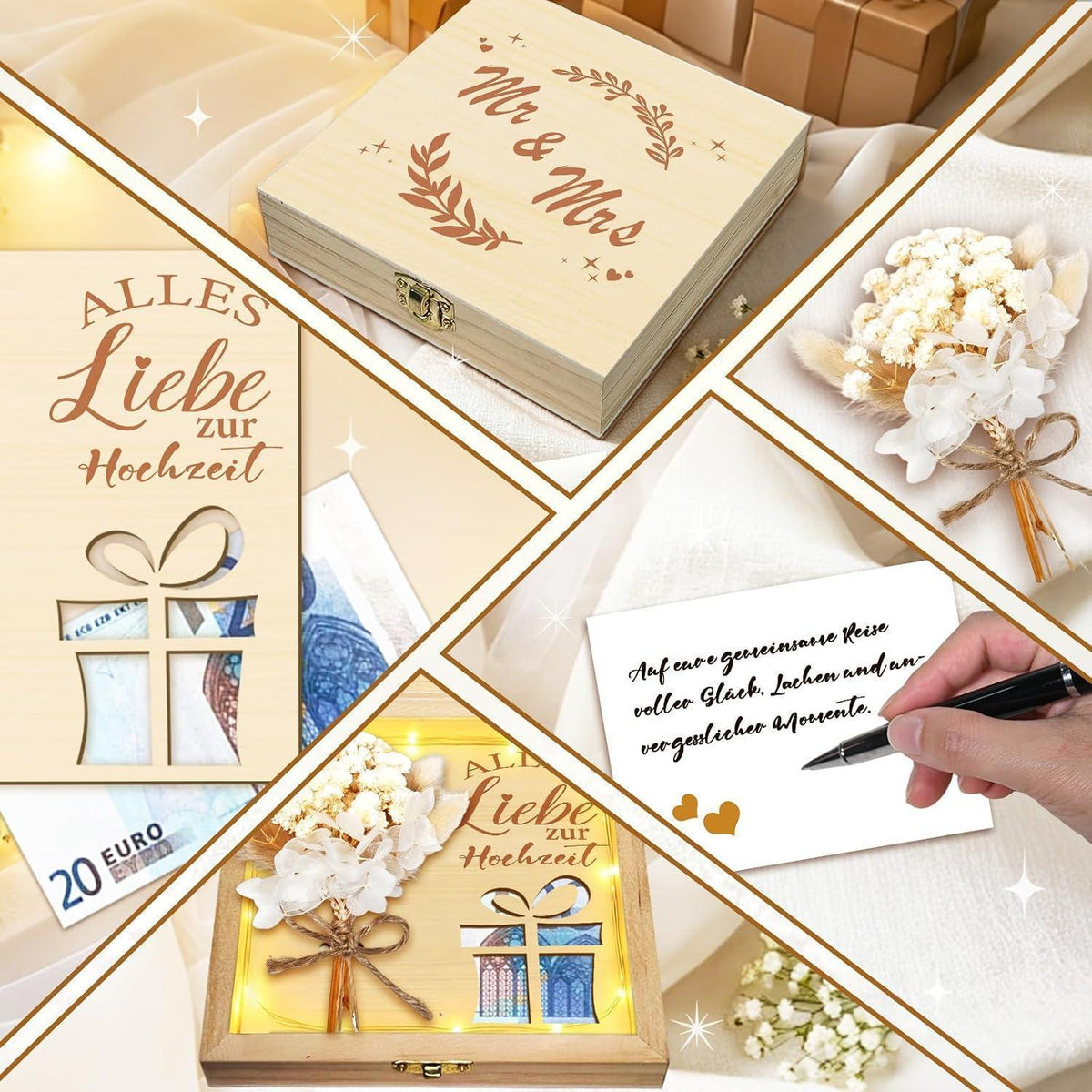 Holz Geldgeschenk Hochzeit mit Karte & Lichterkette