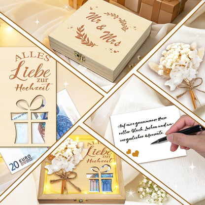 Holz Geldgeschenk Hochzeit mit Karte & Lichterkette