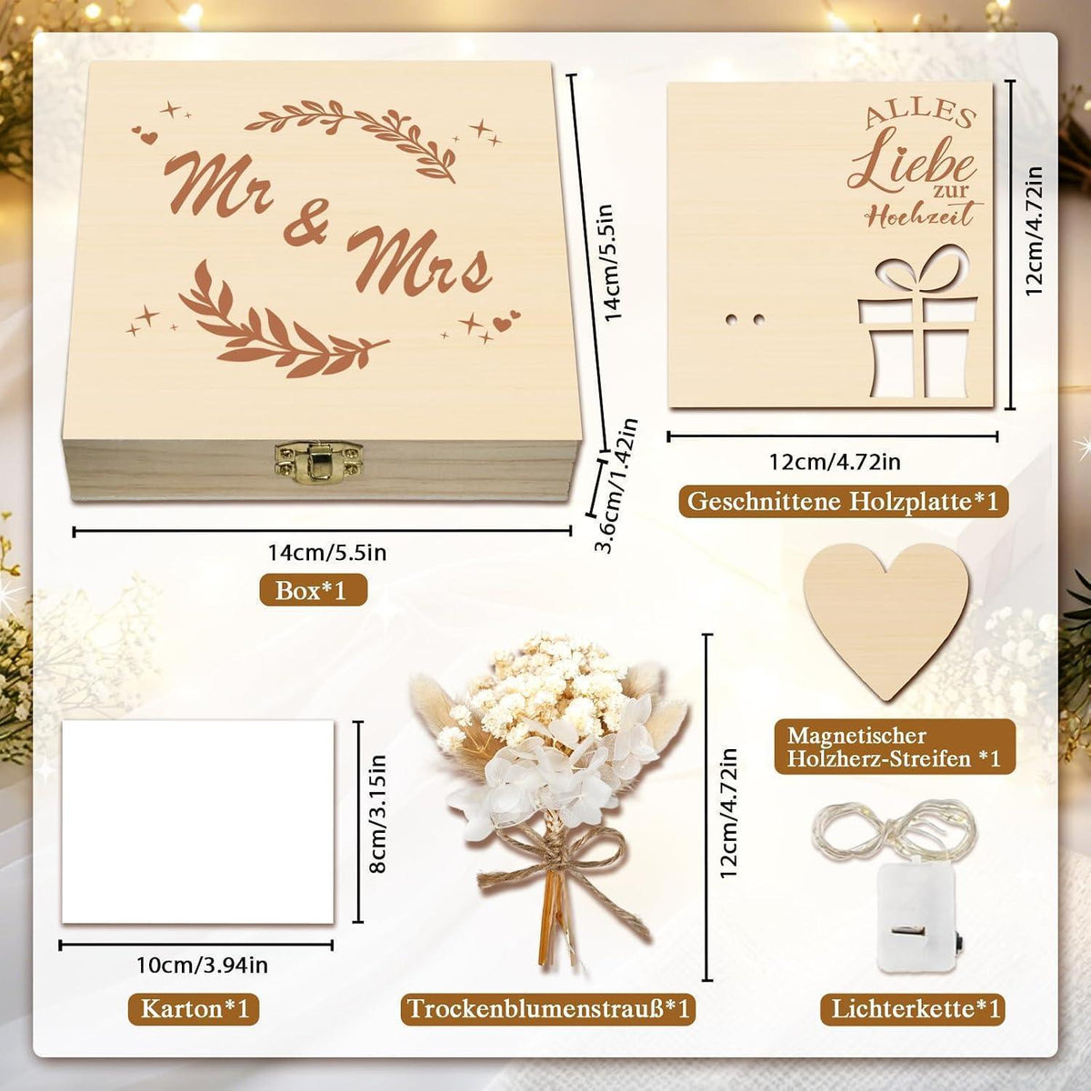 Holz Geldgeschenk Hochzeit mit Karte & Lichterkette