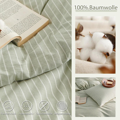 Baumwoll Bettwäsche Set gestreift grün weiß 200x220 cm