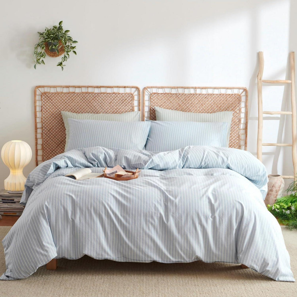 Baumwoll Bettwäsche Set gestreift blau weiß 200x220 cm