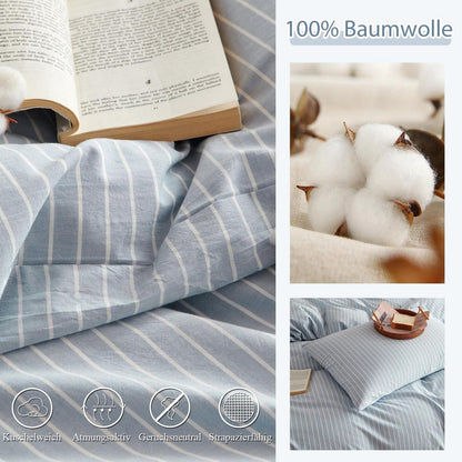 Baumwoll Bettwäsche Set gestreift blau weiß 200x220 cm