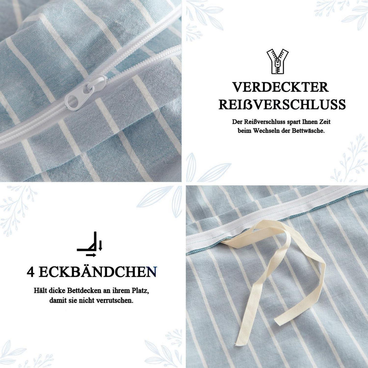 Baumwoll Bettwäsche Set gestreift blau weiß 200x220 cm