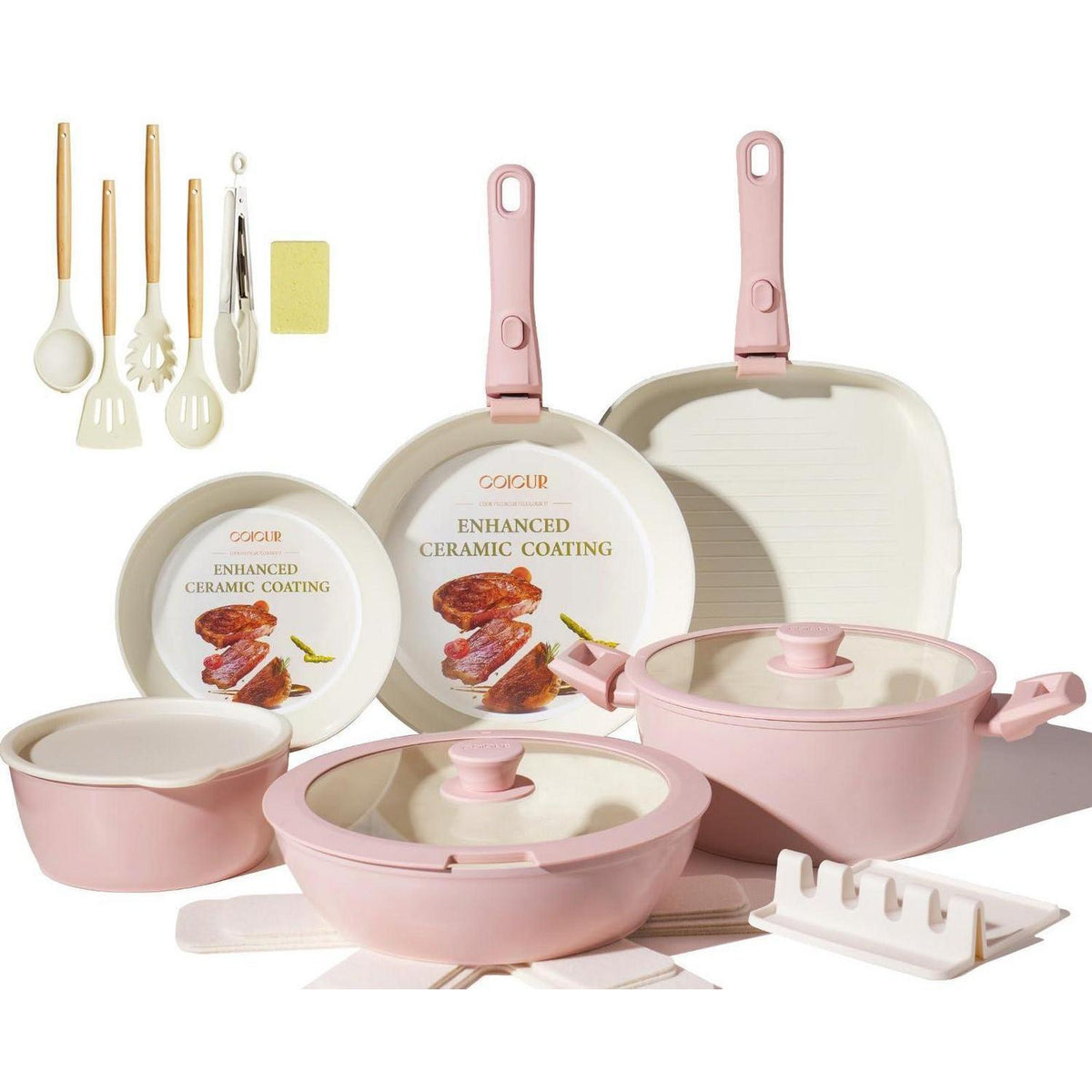 23-teiliges Keramik Topfset Rosa – Antihaft & Stapelbar