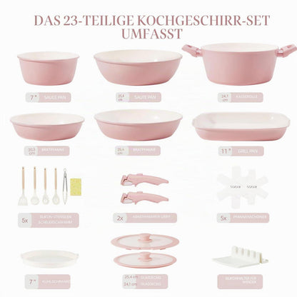 23-teiliges Keramik Topfset Rosa – Antihaft & Stapelbar