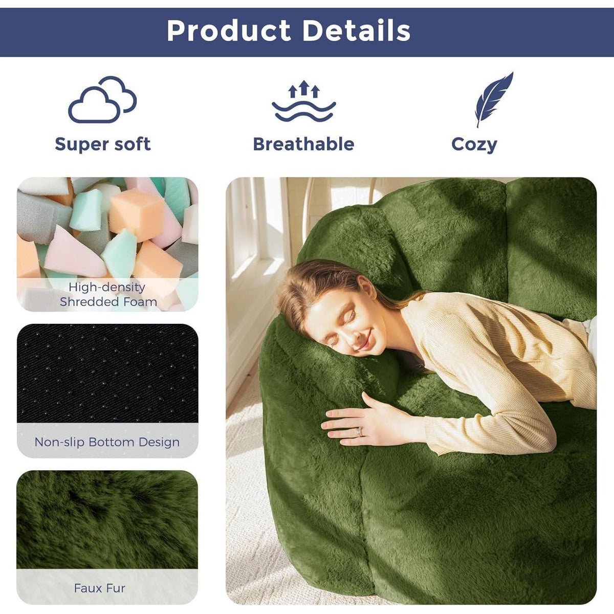 Floral Sitzsack mit Memory-Foam – Weiches Kunstfell Sofa 150x90x80