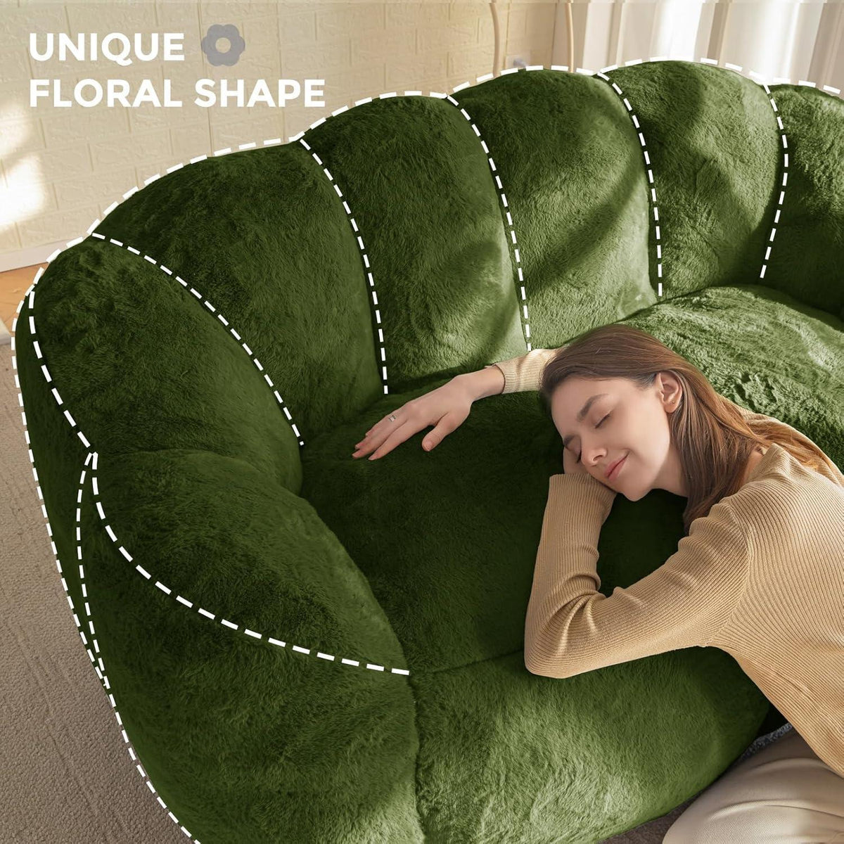Floral Sitzsack mit Memory-Foam – Weiches Kunstfell Sofa 150x90x80