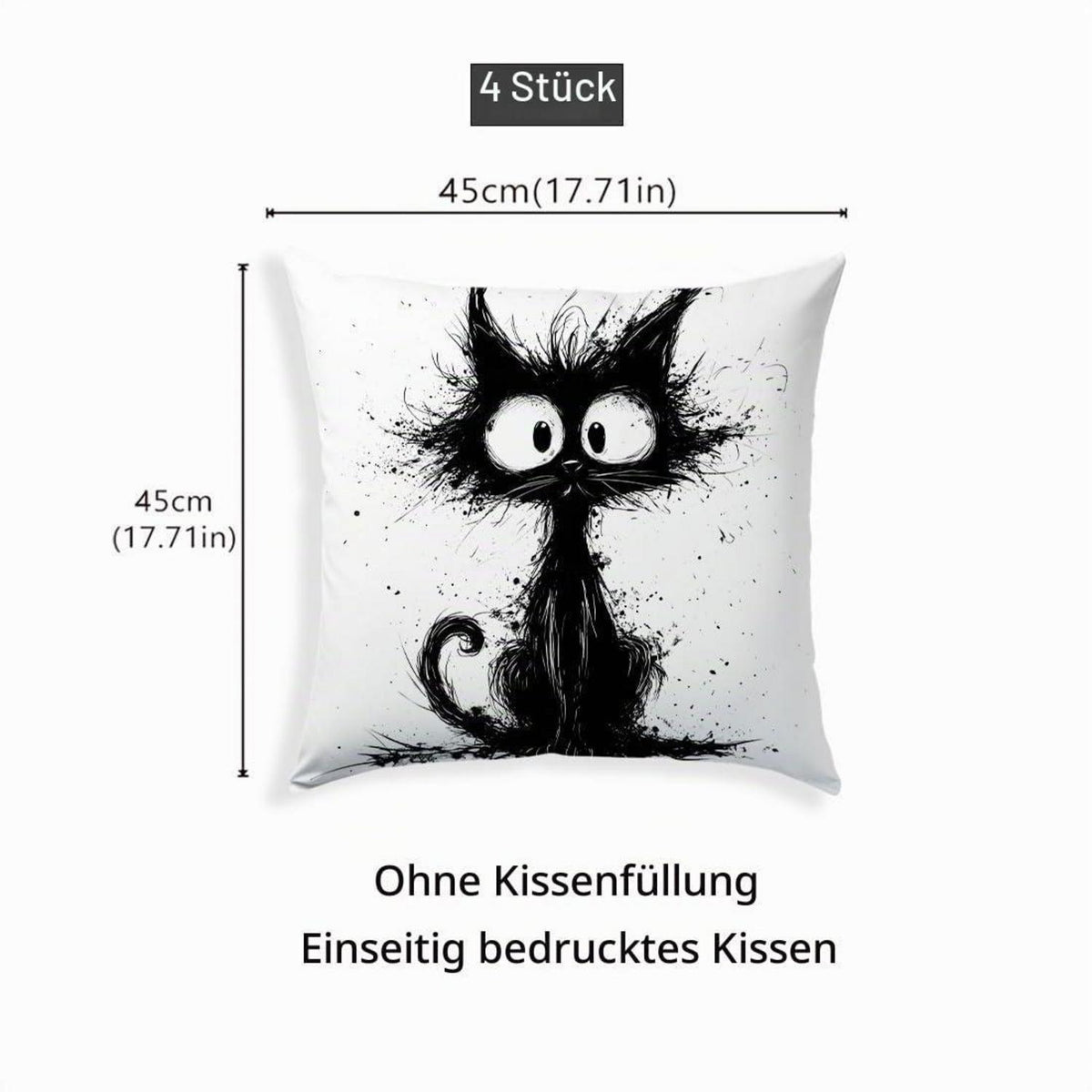 Katzen Kissenbezüge 4er Set – 40x40 cm, Schwarze Katze