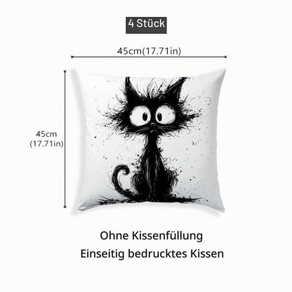 Katzen Kissenbezüge 4er Set – 40x40 cm, Schwarze Katze