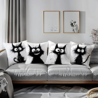 Katzen Kissenbezüge 4er Set – 40x40 cm, Schwarze Katze