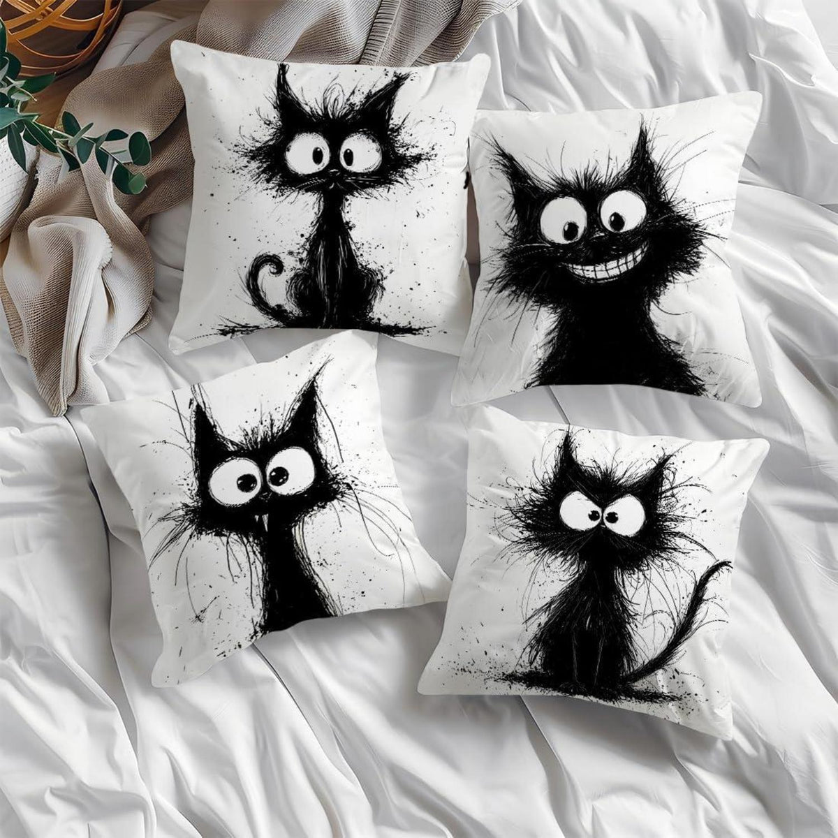 Katzen Kissenbezüge 4er Set – 40x40 cm, Schwarze Katze