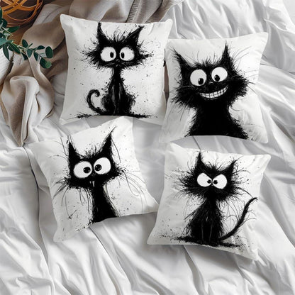 Katzen Kissenbezüge 4er Set – 40x40 cm, Schwarze Katze