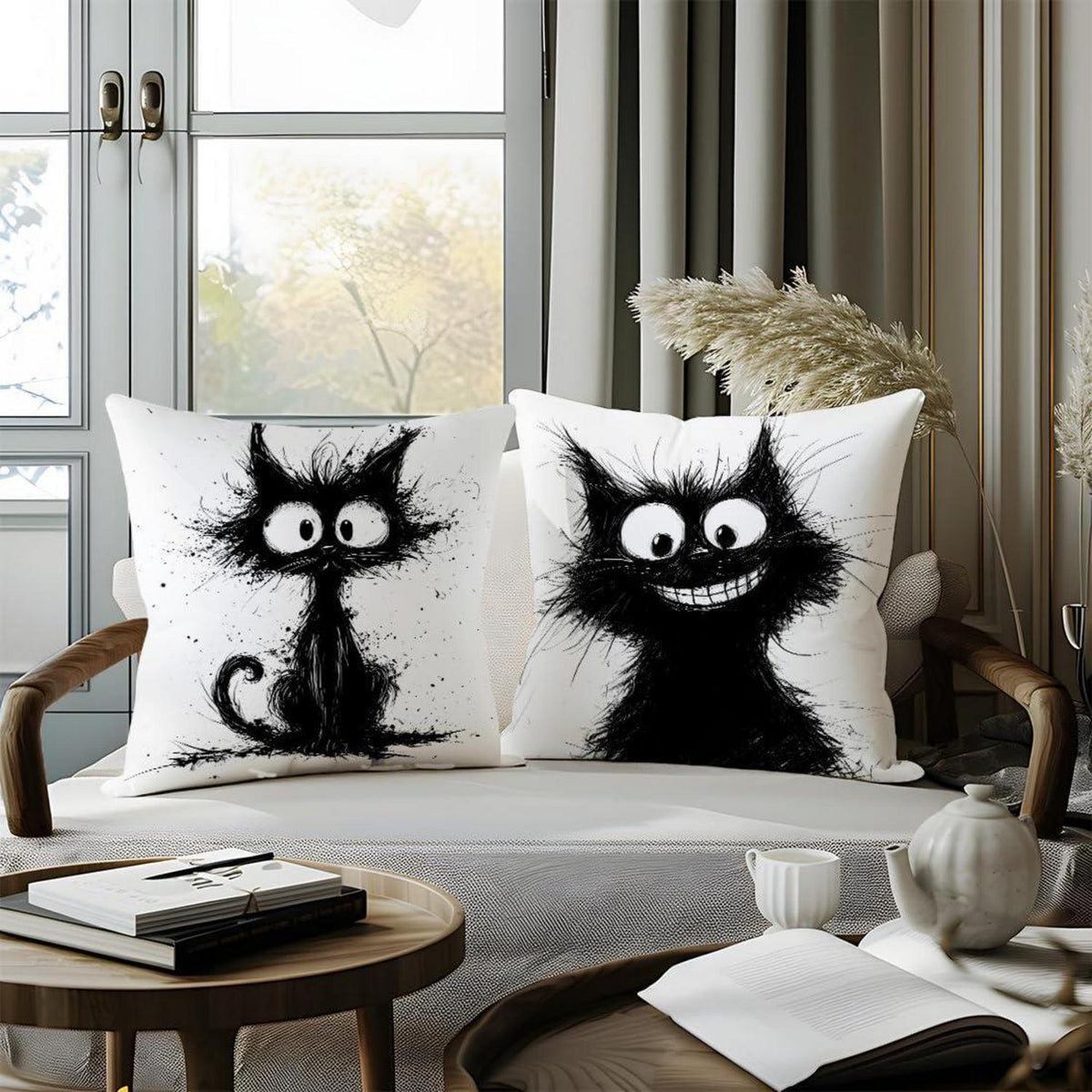 Katzen Kissenbezüge 4er Set – 40x40 cm, Schwarze Katze