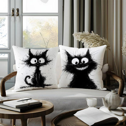 Katzen Kissenbezüge 4er Set – 40x40 cm, Schwarze Katze