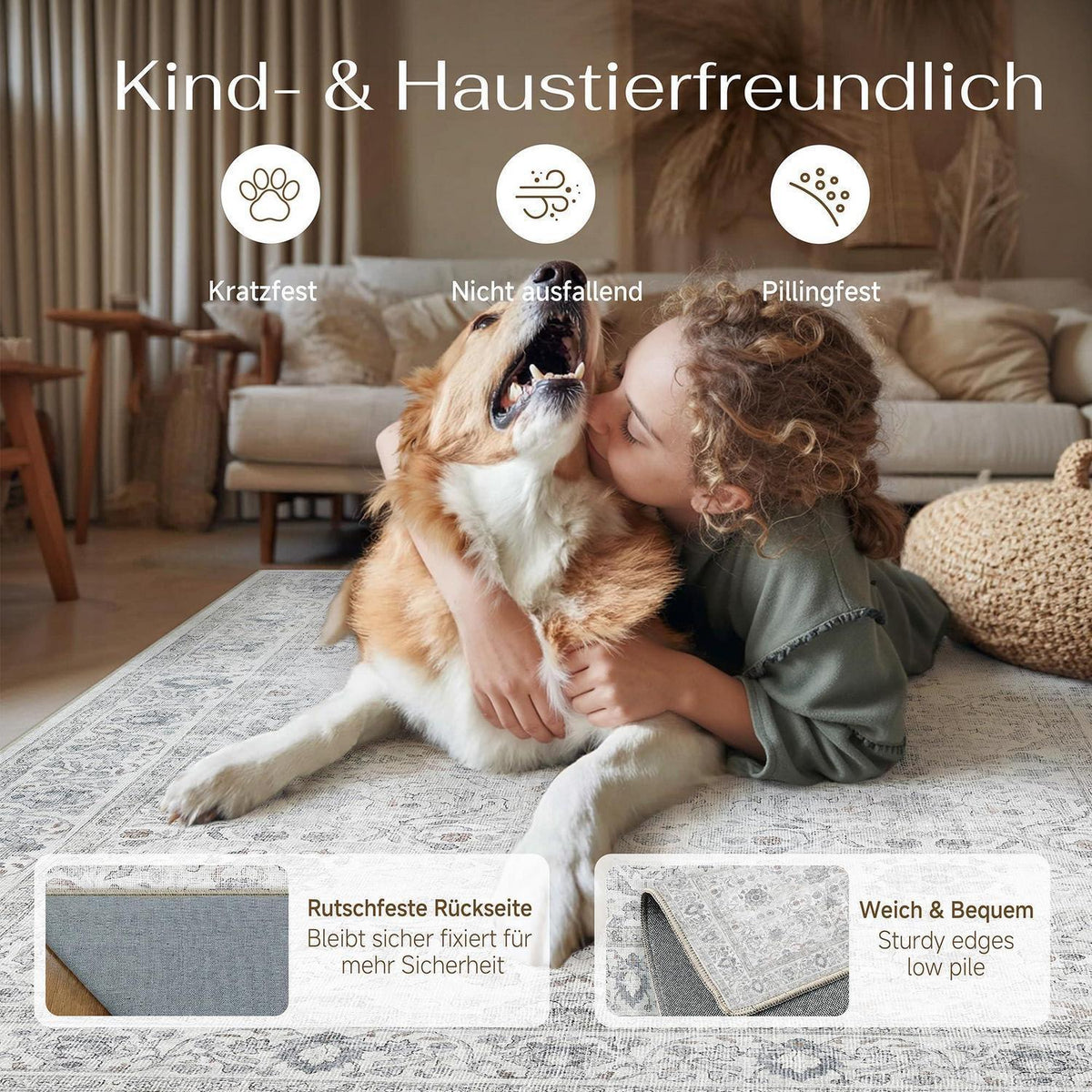 Grauer Läufer 60x240cm – Waschbarer Flurteppich mit Rutschfestem Boden
