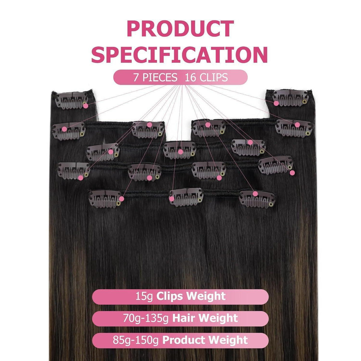 Clip-in Echthaar Extensions Balayage Dunkelbraun-Hellbraun 60cm