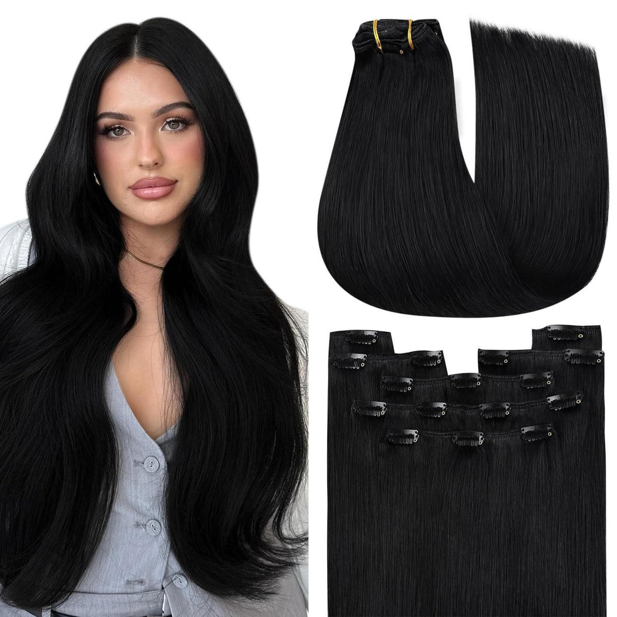 60cm Echthaar Extensions Schwarz Clip-in Haarverlängerung 120g