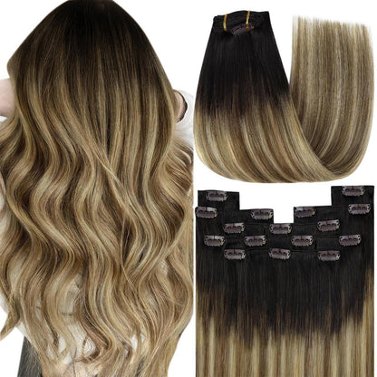 Echthaar Clip-in Extensions Ombré Braun Blond 60cm