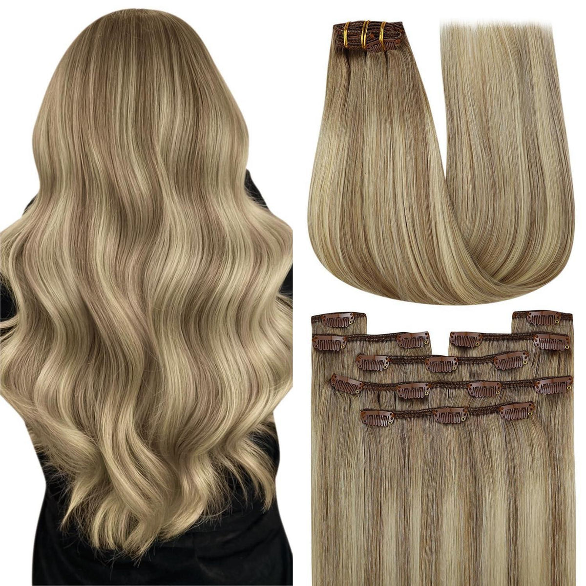 Clip-in Echthaar Extensions Balayage Hellbraun-Blond 60cm