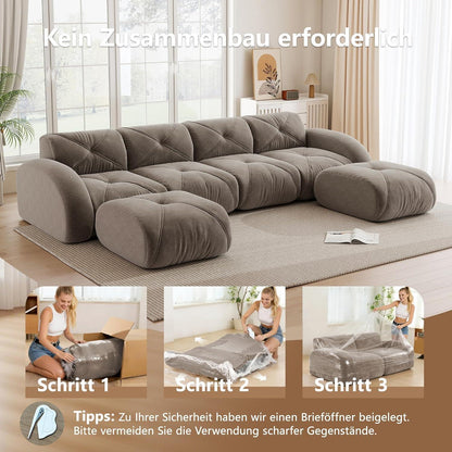 Großes U-förmiges Cord Sofa 4-Sitzer mit Fußhockern Braun