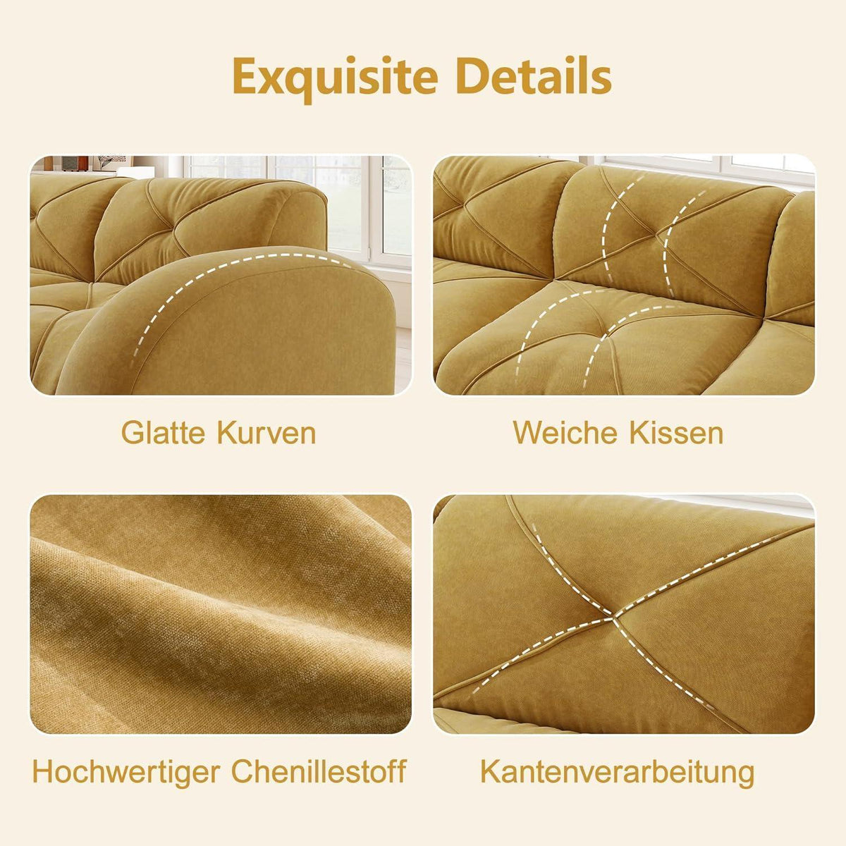 Modernes 4-Sitzer Cord Sofa Gelb | Rahmenlos & Komfortabel