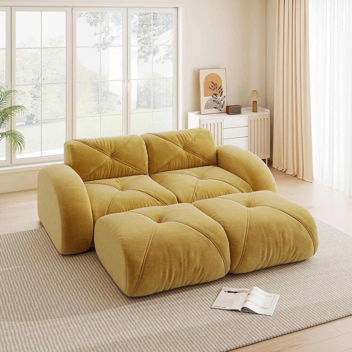 Gelbes 2-Sitzer-Sofa mit Fußhockern, Rahmenlos & Komfortabel