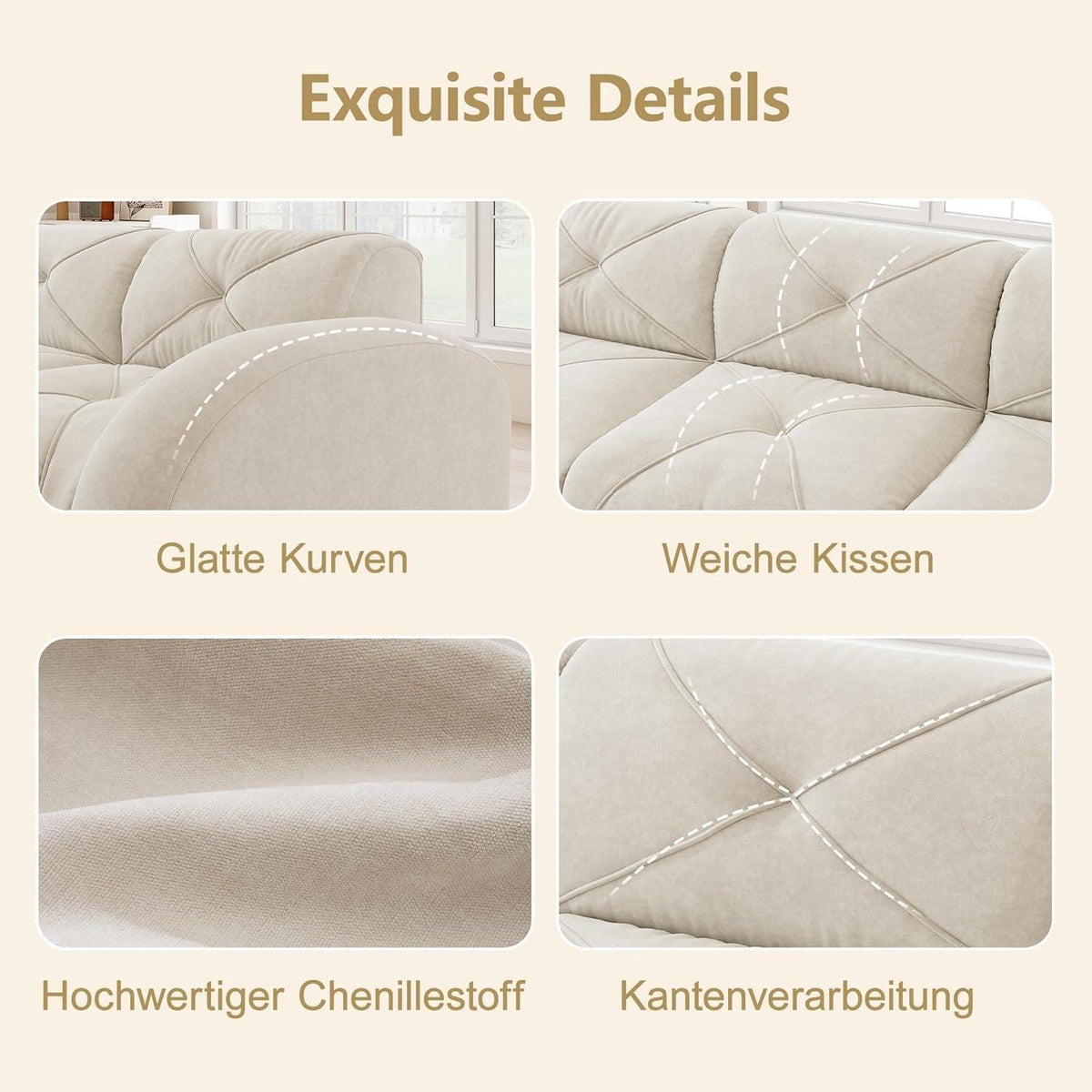 2-Sitzer Sofa mit Fußhocker – Chenille Schlafsofa Weiß
