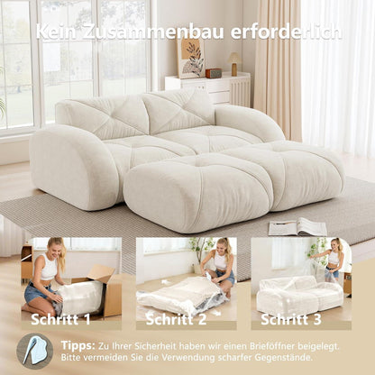 2-Sitzer Sofa mit Fußhocker – Chenille Schlafsofa Weiß