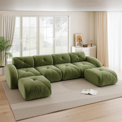 Großes U-förmiges Cord Sofa 4-Sitzer mit Fußhockern (Grün)