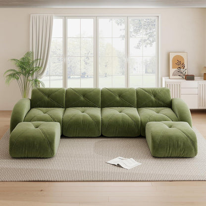 Großes U-förmiges Cord Sofa 4-Sitzer mit Fußhockern (Grün)