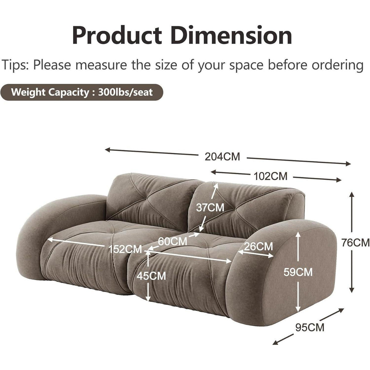 Rahmenloses 2-Sitzer Sofa Braun – Chenille Couch mit 32D Schaum