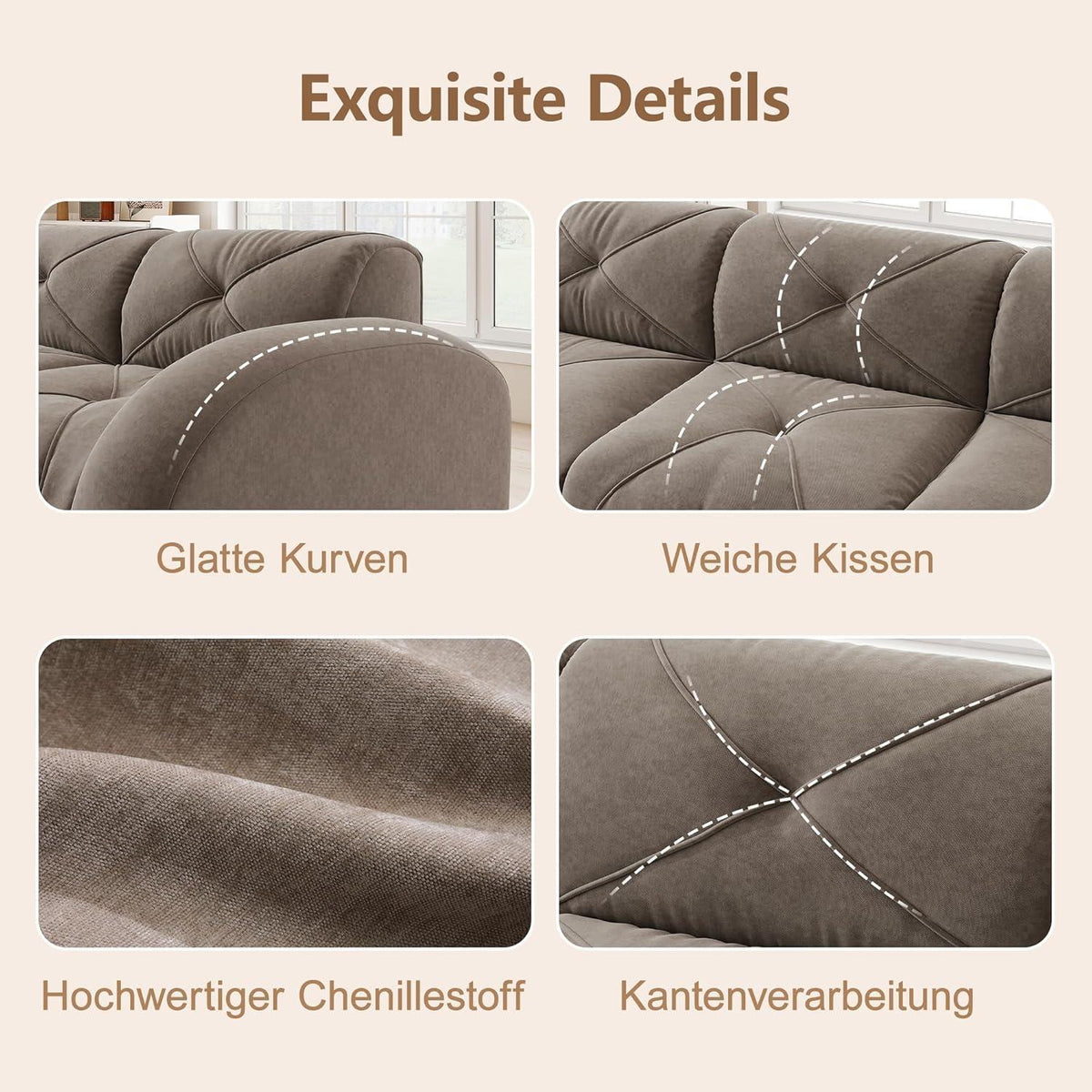 L-förmiges Ecksofa 2-Sitzer mit Fußhocker, Braun
