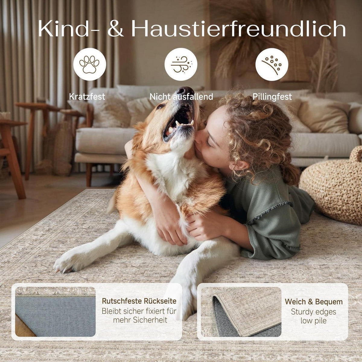 Vintage Teppich Beige 300x400cm – Waschbar & Rutschfest