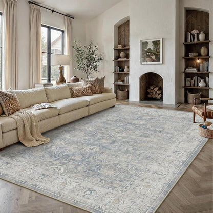 Waschbarer Wohnzimmerteppich Blau 300x400cm – Vintage Kurzflor