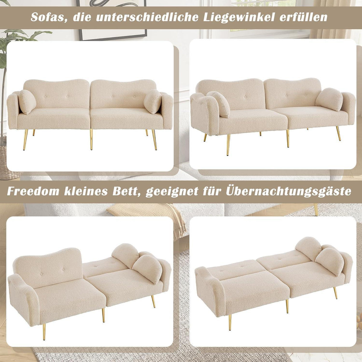 Schlafsofa 2-Sitzer mit Bettfunktion & Stauraum, Beige