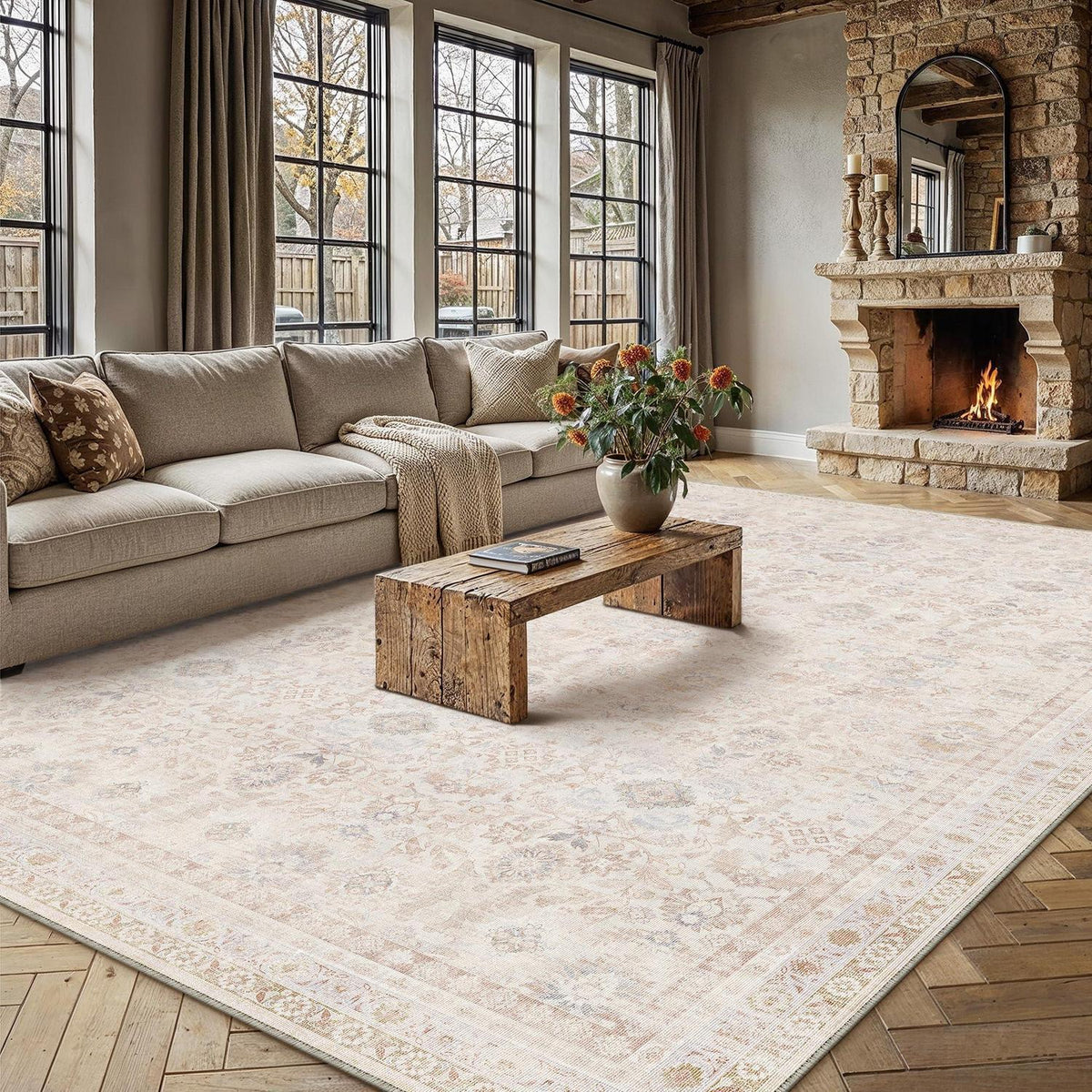 Waschbarer Vintage Teppich Hellbeige 300x400cm