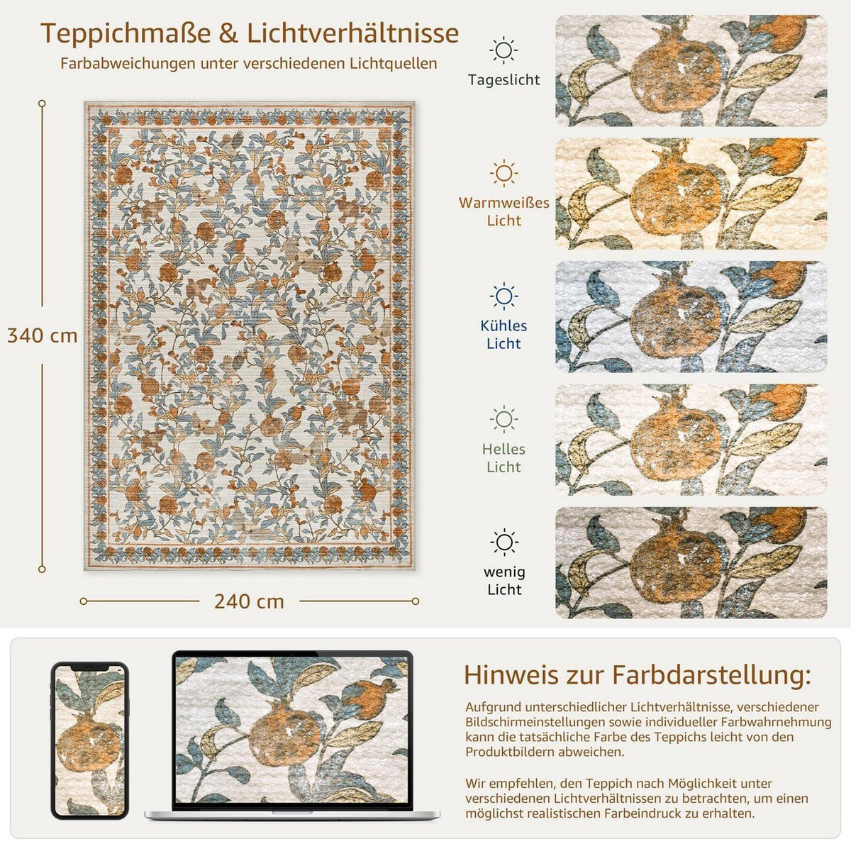 Vintage Teppich 240x340 cm – Orange-Beige, Waschbar & Rutschfest