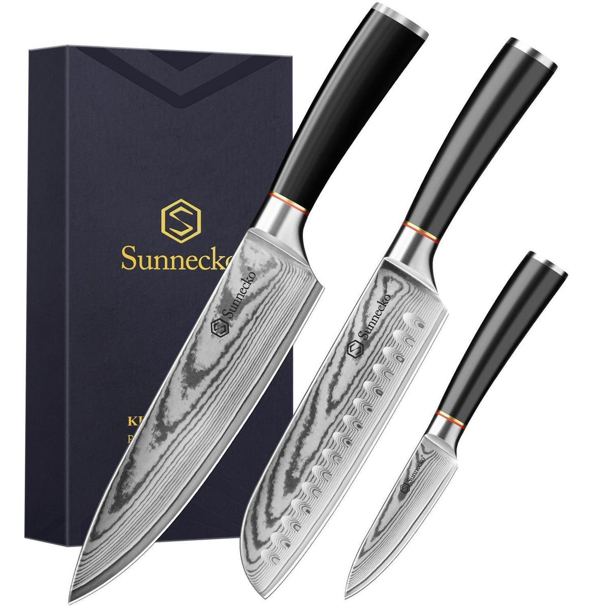 3-tlg Damast Messerset | Professionelle Küchenmesser Set