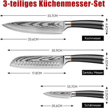 3-tlg Damast Messerset | Professionelle Küchenmesser Set