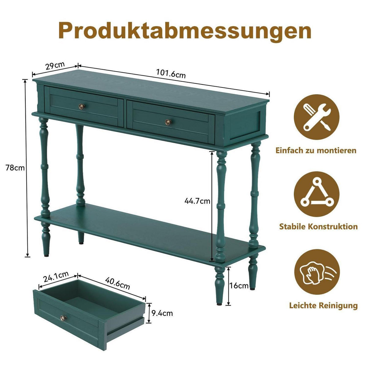 Konsolentisch Grün mit Schubladen und Ablage