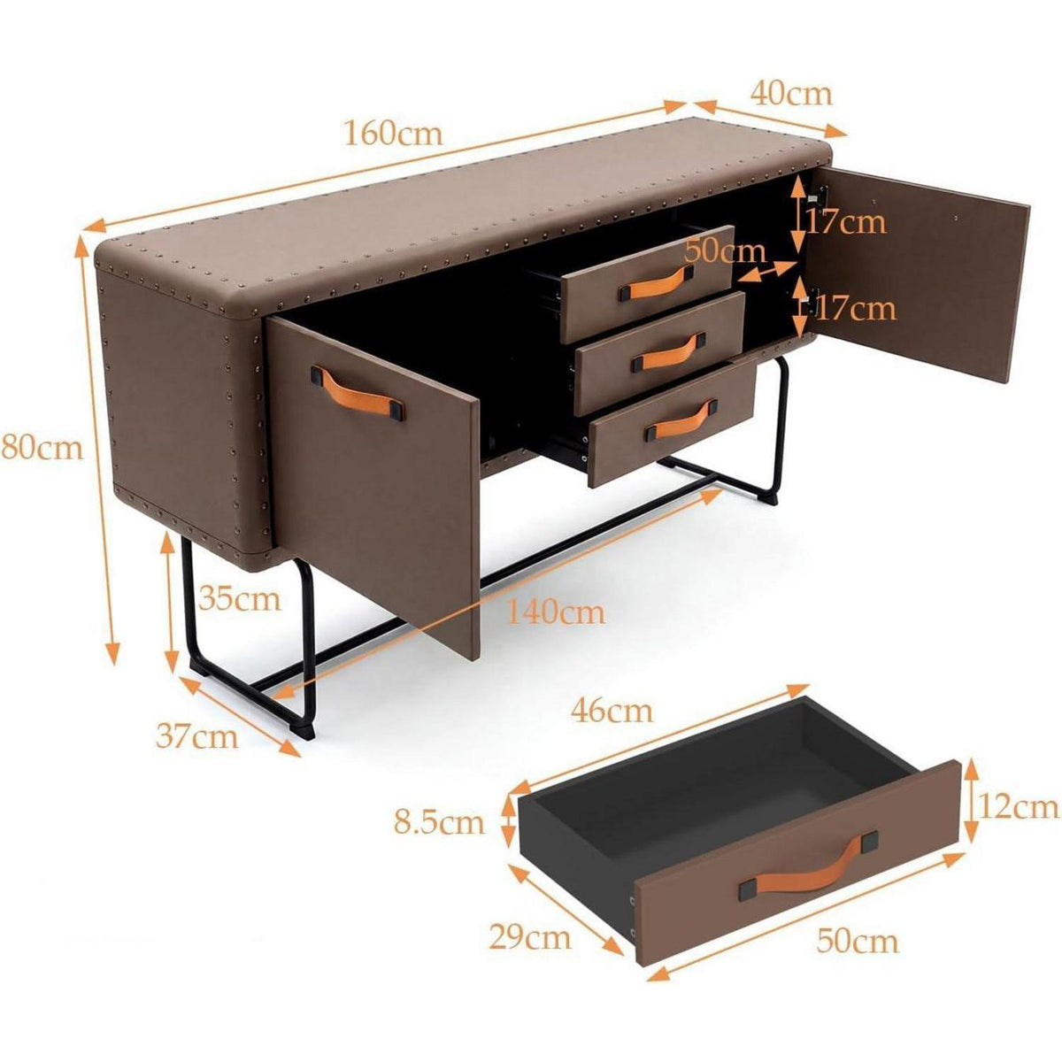 Industriales Sideboard 160 cm Braun – Kommode in Lederoptik
