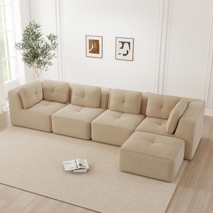 Modulares Ecksofa 4-Sitzer Beige mit Fußhocker – Cordstoff, Ohne Montage
