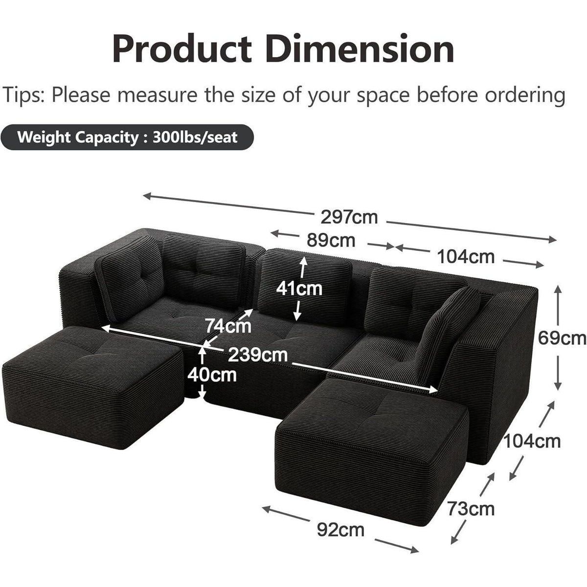 Modulares Ecksofa mit Fußhocker, Cordstoff, Schwarz