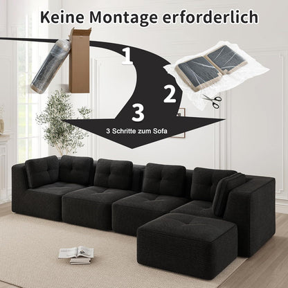 Modulares Ecksofa 4-Sitzer mit Fußhocker, Cordstoff, Schwarz