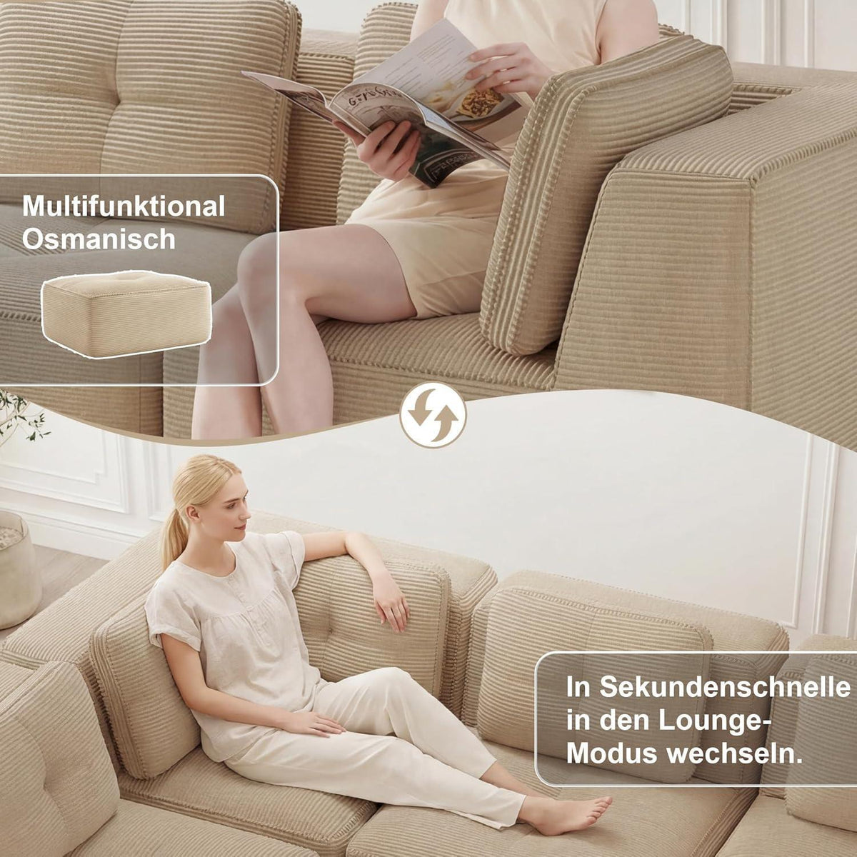 Modulares Ecksofa Beige, 177x382 cm, Cordstoff, Boneless