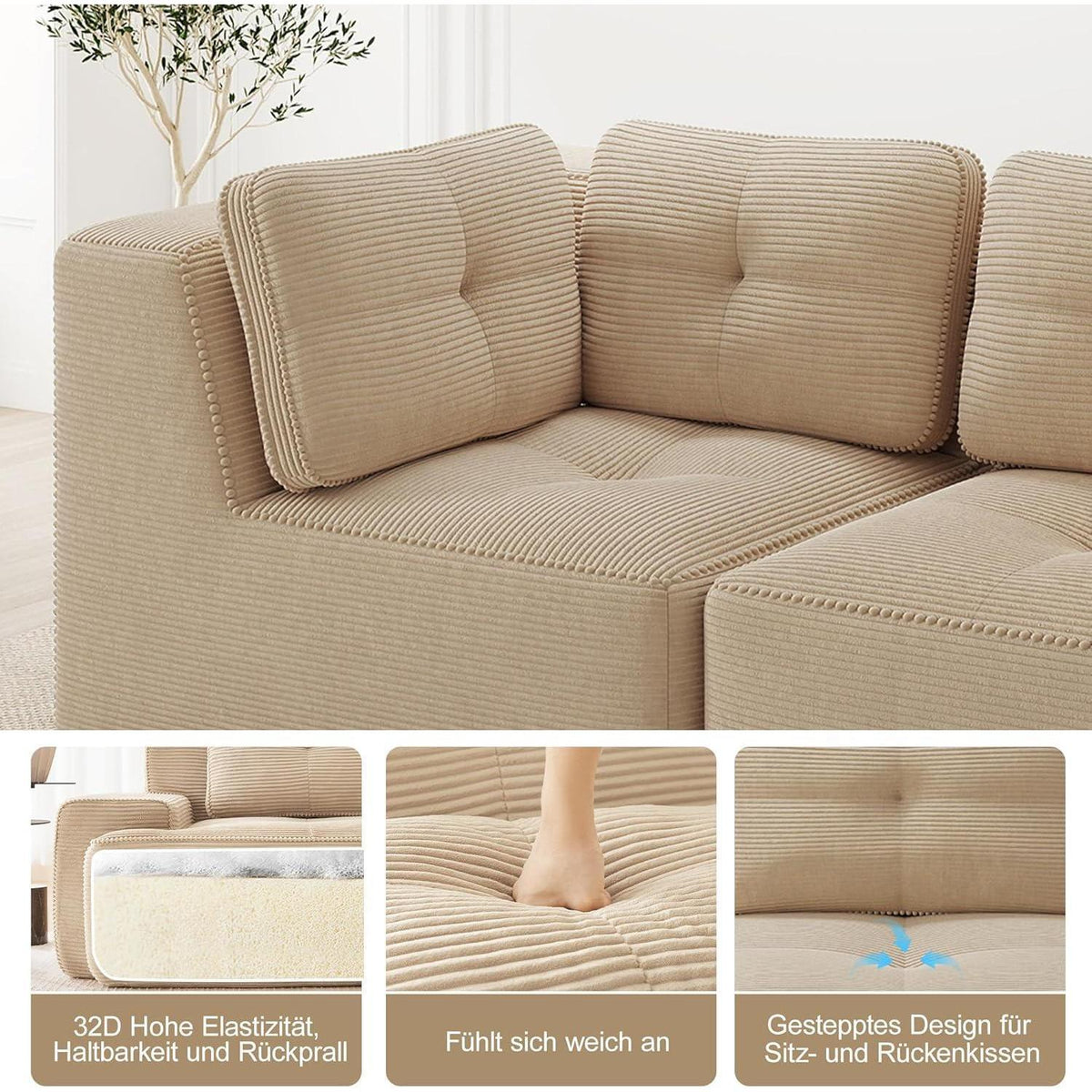 Modulares Ecksofa Beige, 177x382 cm, Cordstoff, Boneless