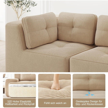 Modulares Ecksofa Beige, 177x382 cm, Cordstoff, Boneless