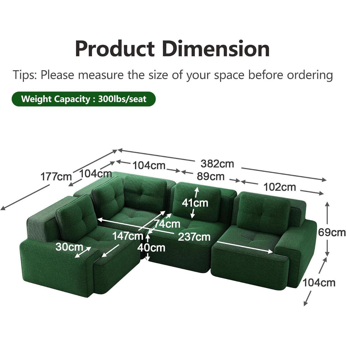 Grünes Ecksofa modular, 177x382 cm, Cordstoff, Boneless